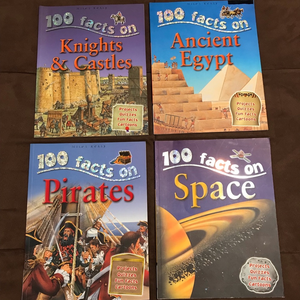 “100 facts on” paper back book series. New, never read. Space, pirates, Egypt…